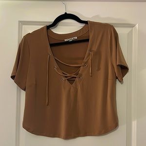 Express size M, mustard color crop top with criss-cross neckline